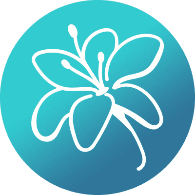 White, stylized outline of a flower with five petals and three stamens, centered on a circular blue gradient background.