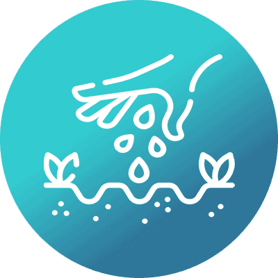 A white line drawing of a hand watering two small plants with droplets, set against a blue circular gradient background.