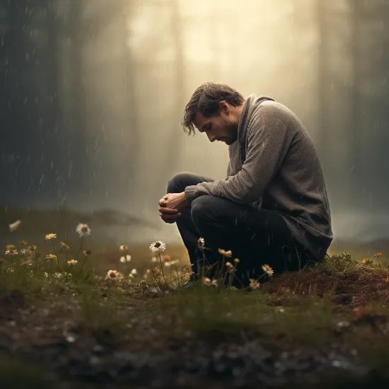 a man kneeling in a daisy field