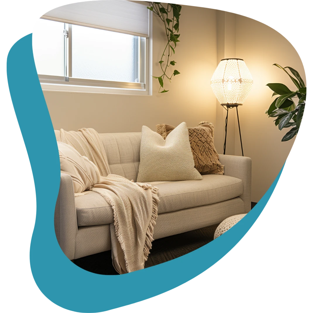 A cozy living room with a beige sofa, textured pillows, a throw blanket, a floor lamp, potted plants, and natural light from a window, framed by a wavy teal border.