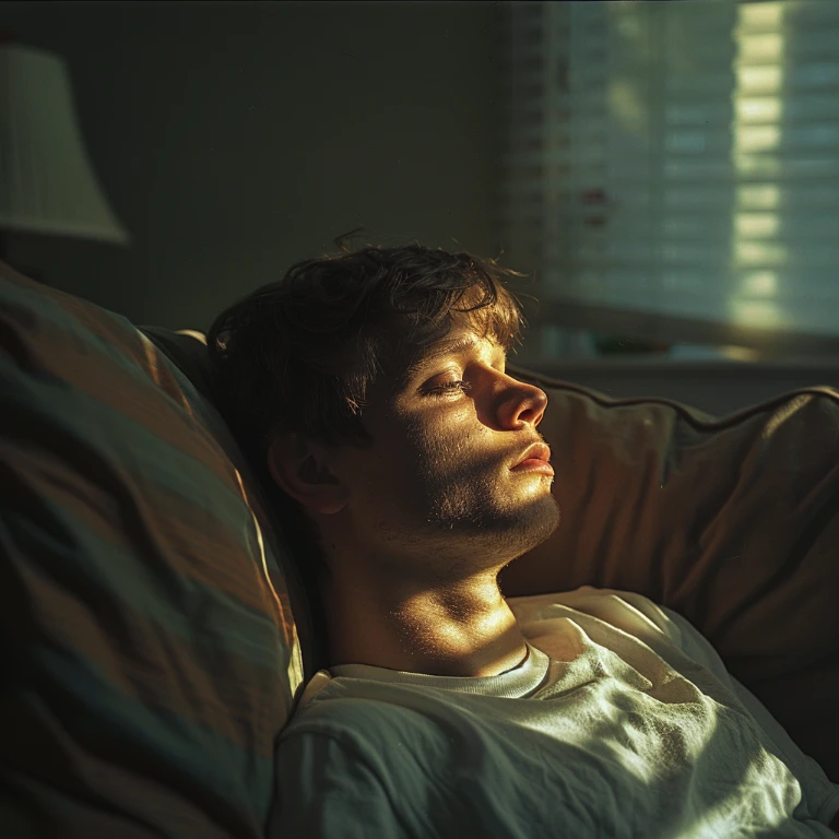 A young man with tousled hair rests on a couch, eyes closed, as warm sunlight from a window with blinds softly illuminates his face and casts shadows across his white shirt.