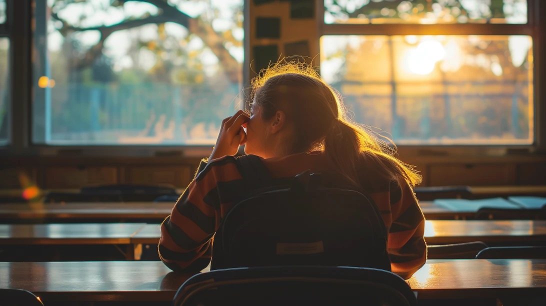A student with long hair sits at a desk in an empty classroom, facing large windows with sunlight streaming in during sunset, creating a warm and peaceful atmosphere.