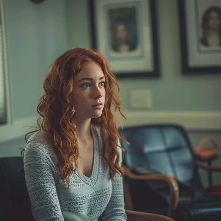 A young woman with long red hair sits in a waiting room, looking thoughtful. She wears a light sweater, and blurred portraits hang on the wall behind her. The room has chairs and soft lighting.