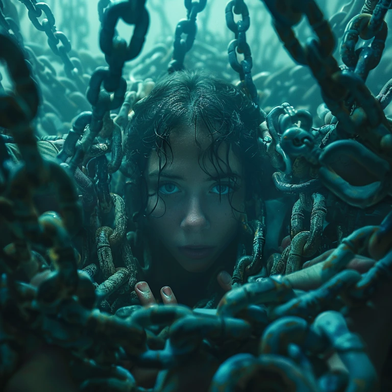 A person with wet hair and intense blue eyes looks up through a tangled mass of heavy chains, surrounded by dim, moody blue-green light, creating a sense of struggle or being trapped.