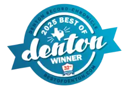 Blue badge with 2025 Best of Denton Winner in white text, a small Texas state outline, Denton Record-Chronicle, and bestofdenton.com around the edge. A red 32nd annual ribbon is at the bottom.