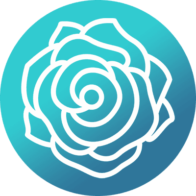 A white, stylized rose outline is centered on a circular background that fades from light turquoise at the top to deep blue at the bottom.